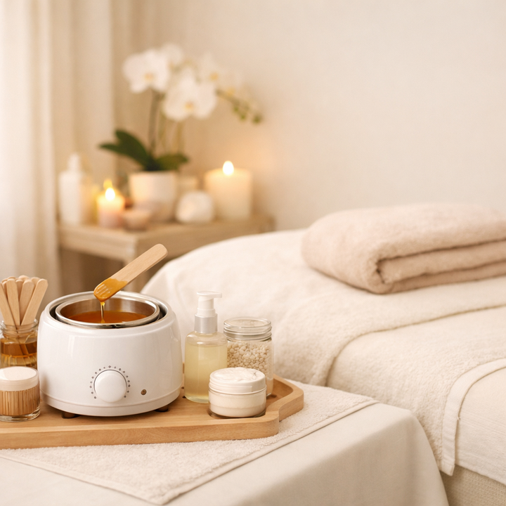 Spa waxing station with soothing ambiance.png
